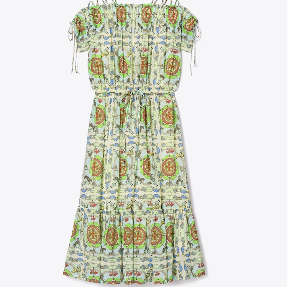 TORY BURCH RUNWAY CAROUSEL SILK LOGO MIDI OFF SHOULDERS DRESS 8